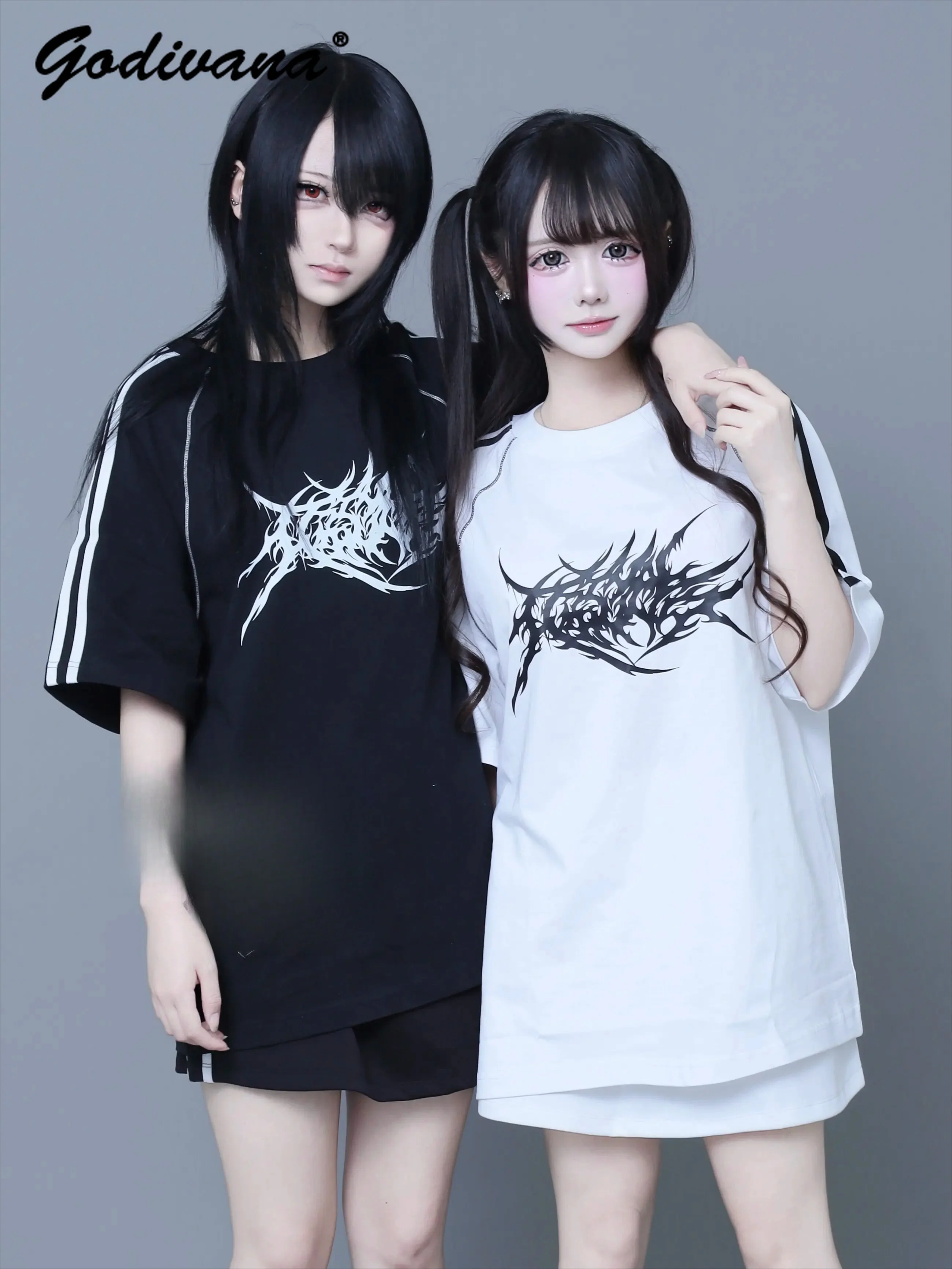 

Subculture Gothic Casual Shorts Set Summer New Student Female Casual Printed Loose T-shirt Skirt Shorts 2-piece Set Sportswear