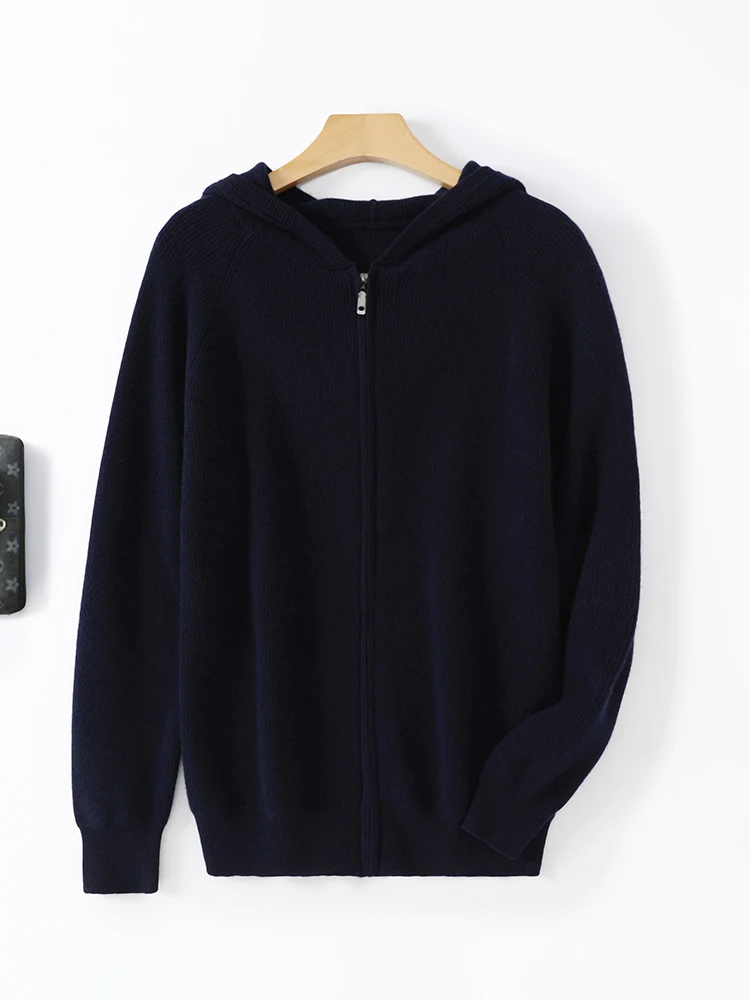 جديد 100% ميرينو رداء علوي من الصوف للرجال هوديي سترة متماسكة سميكة سستة الخريف الشتاء معطف الكشمير كم طويل بلون علوي