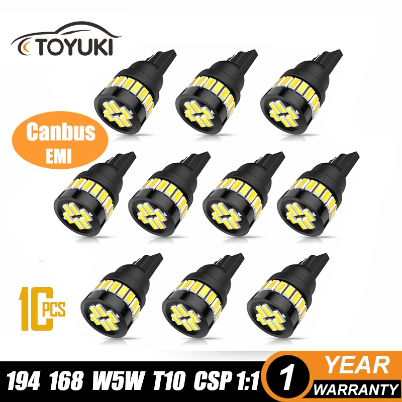 

Toyuki 10x W5W T10 Led Canbus No Error Bulbs 194 168 for Wedge Lamp Dome Reading License Plate Light Car Interior Lights 12-30V