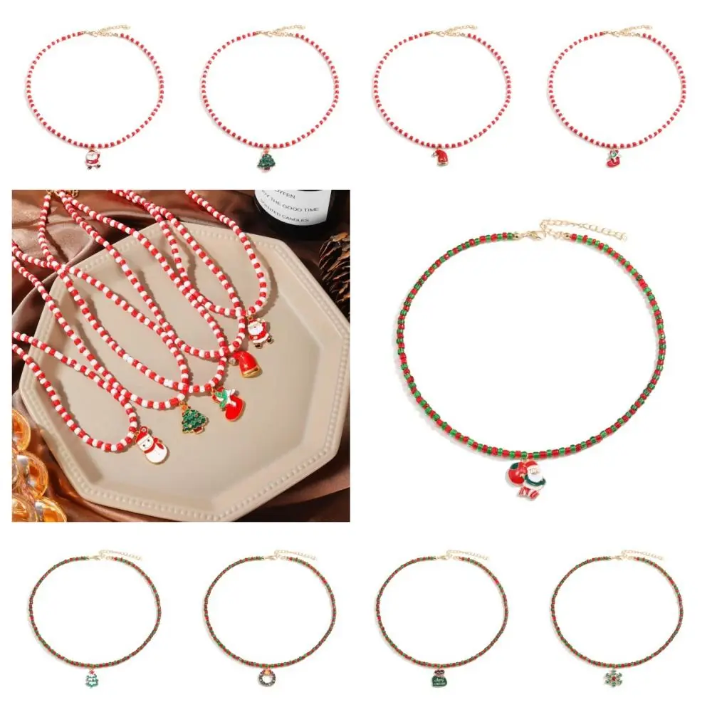 Cartoon Christmas Necklace Santa Christmas Tree Rice Beaded Chain Gingerbread Man Clavicle Chain Cartoon Pendant Choker Festival