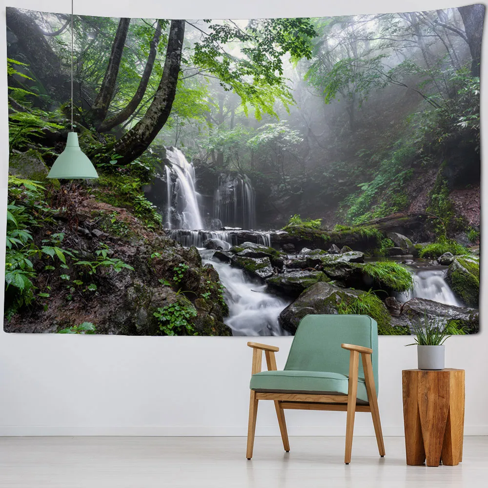 Bohemian style home decoration wall hanging forest waterfall tapestry landscape background cloth bedroom living room dormitory