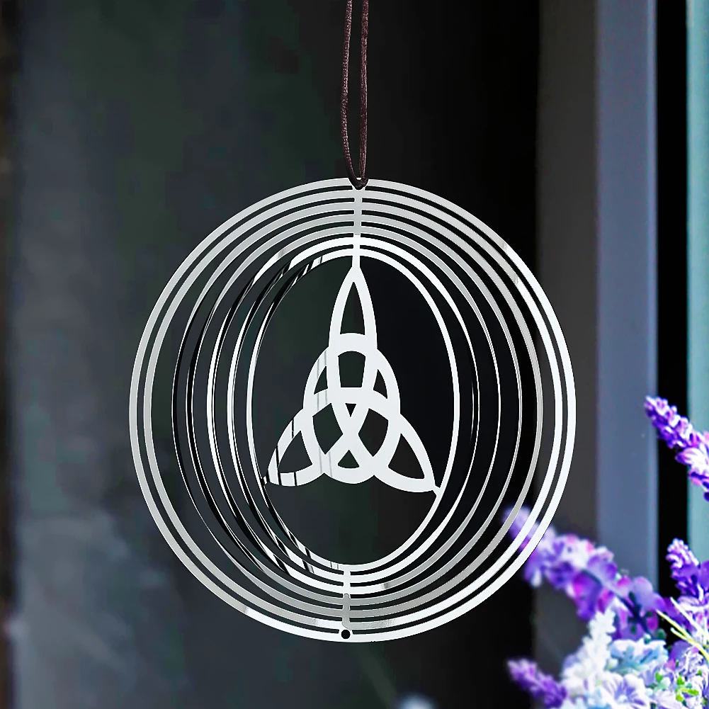 Wicca Celtic Knot Wind Spinner 3D Flowing Stainless Steel Lucky Irish Amulet Wind Chime Pendant Mirror Reflective Bird Deterrent