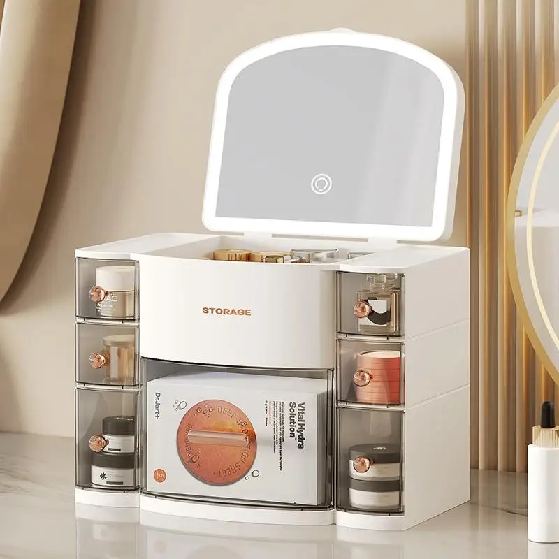 

Dustproof Plastic Makeup Storage Box with Drawers Lipstick Foundation Organizer Desktop Lamp Illuminated Makeup Mirror