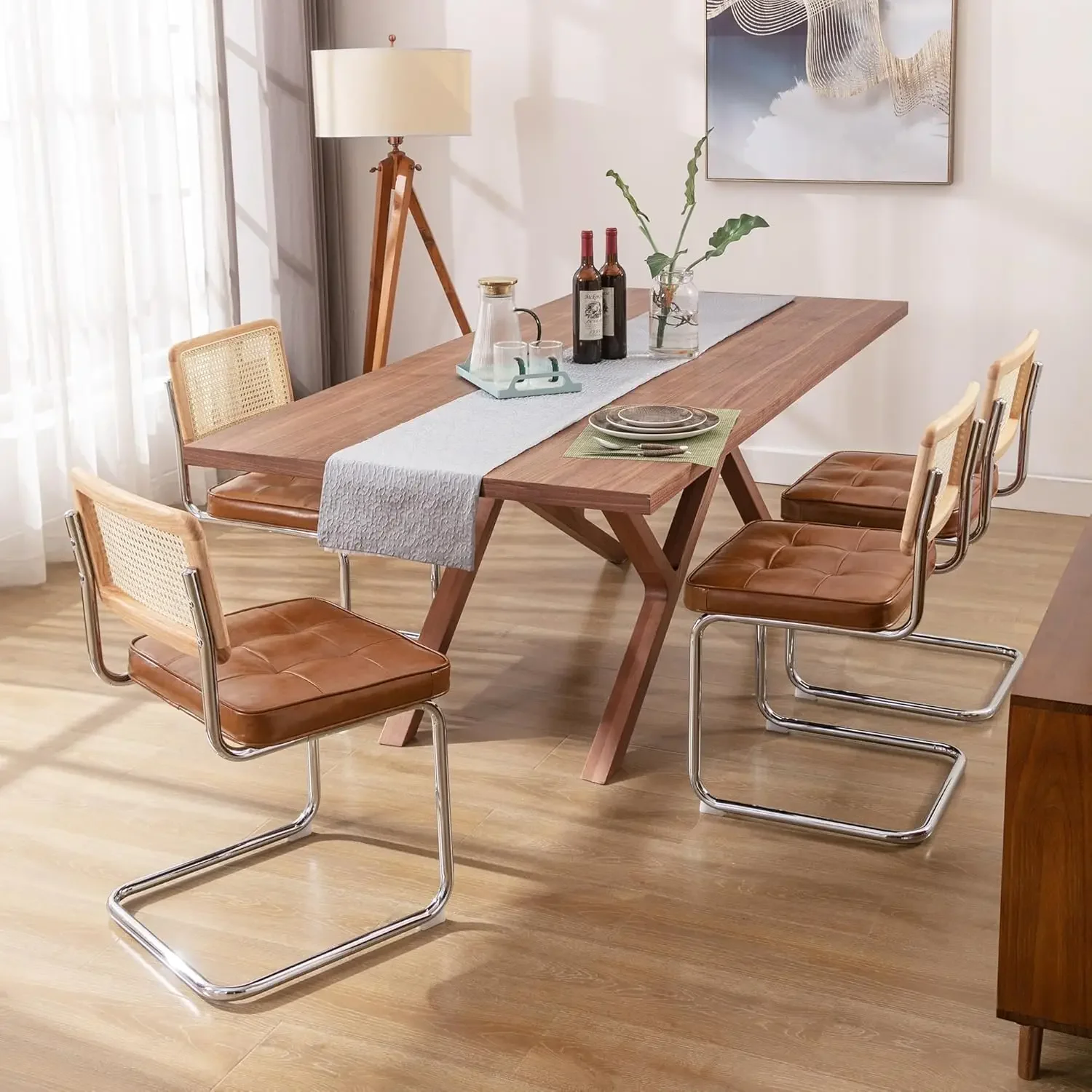 

Natural Rattan Dining Chairs Set of 4, Dining Room Chairs with Solid Wood Back for Kitchen Living Room, Upholstered Faux Leather