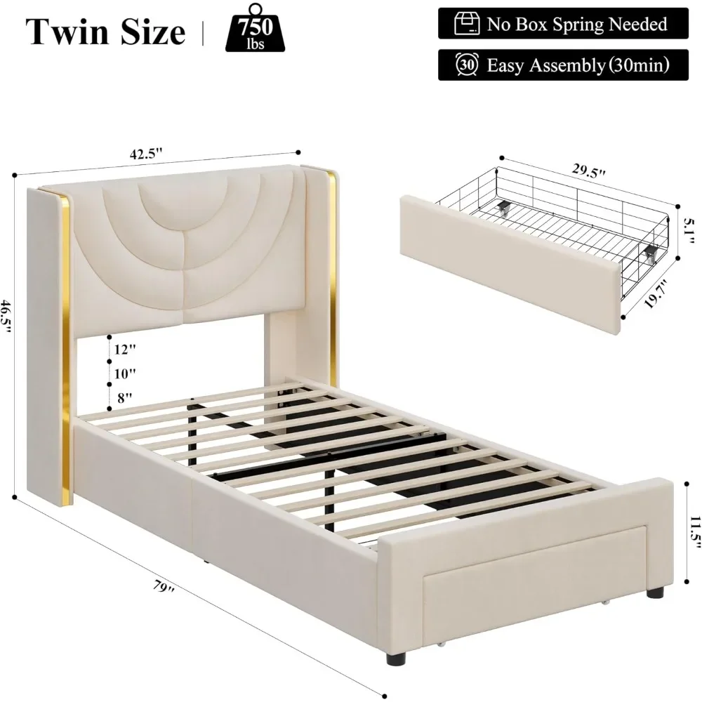 

Twin Upholstered LED Bed Frame with Storage Drawer, Velvet Kids Bed with Wingback Headboard, Modern Princess Twin Platform Beds