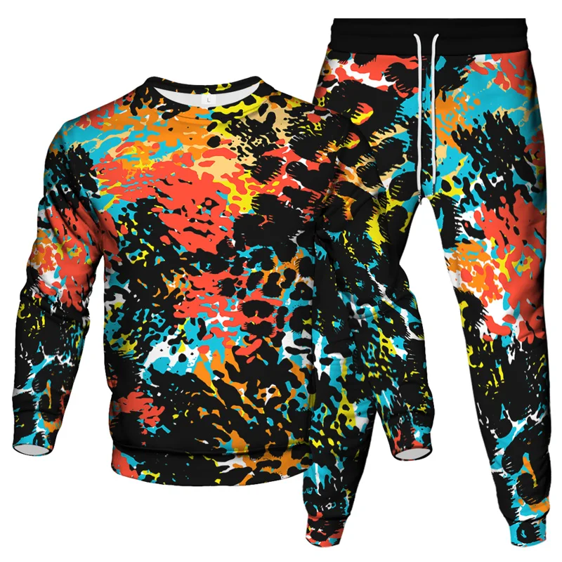 Fashion Colorful Splash Ink 3D Print Men\'s Sportswear Set Long-Sleeved T Shirt Pants 2-Piece Set Oversized Pullover Men Clothing