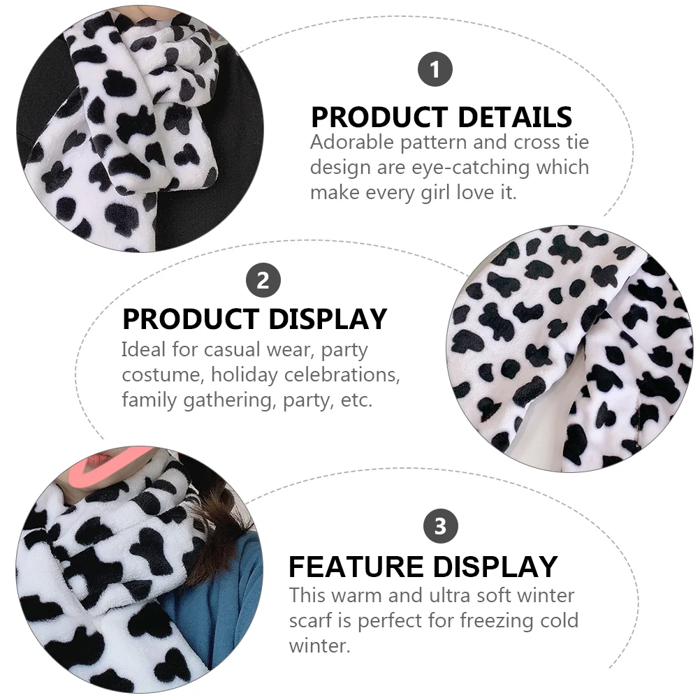 Cow Spot Scarf Spotted Neckpiece Faux Fur Shawl White Stole Winter for Girl Warm Neckerchief Cross Tie Cute images - 6