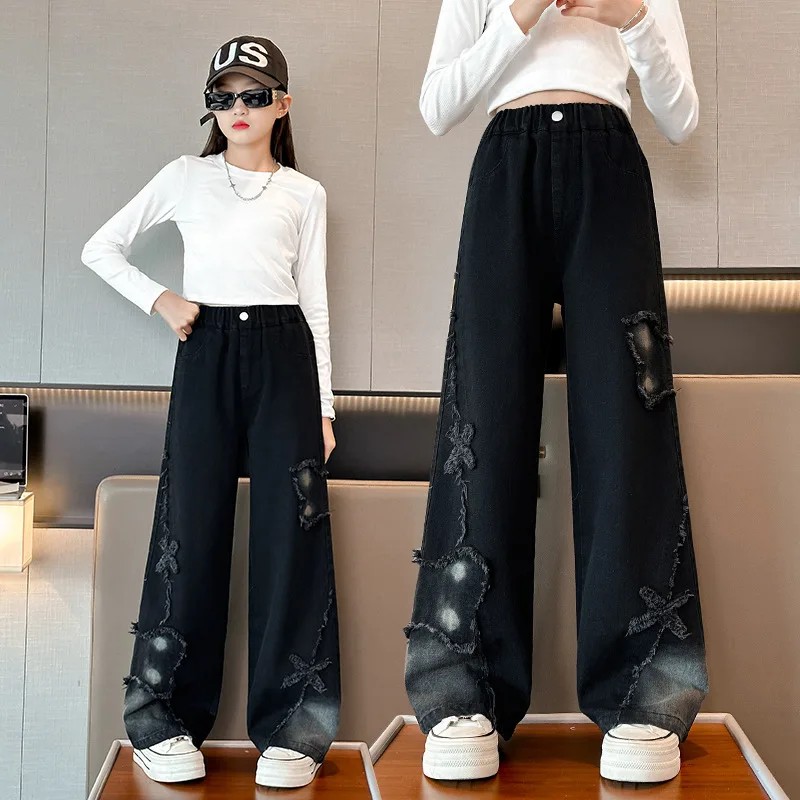 

Американские потертые черные джинсы с нашивками-бабочками для девочек, осень 2024, новый стиль, свободные прямые повседневные брюки с широкими штанинами