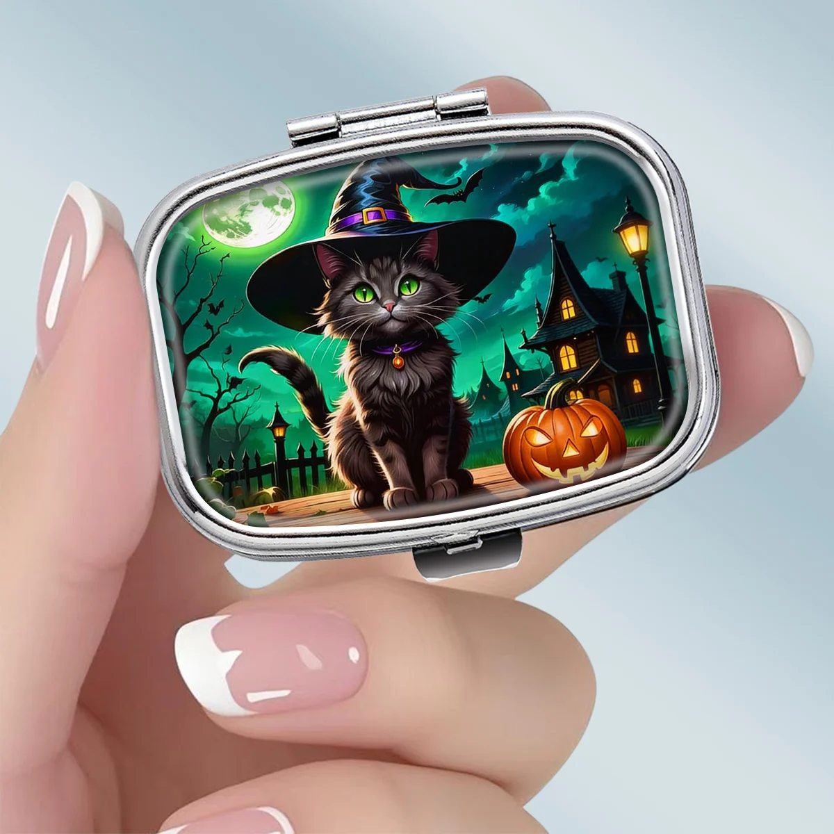 Portable Square Metal Pill Box, Featuring a Cute Halloween-Themed Witch Cat Night Scene Design, with 2 Compartments, Perfect for Elegantly Storing Your Medications or Supplements. It Is Perfect for Sorting Vitamins and Storing Small Items.