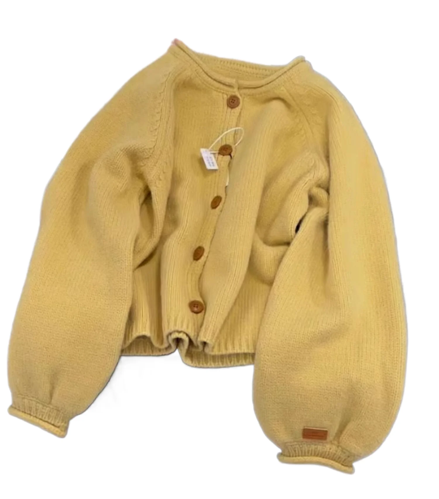 Elegante gelbe Strickpullover-Strickjacke, weich, locker, einreihig, für Damen, Herbst und Winter, langärmelig, Rundhalsausschnitt