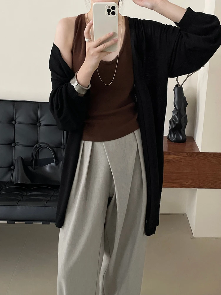 [EAM] Brown Big Size Thin Knitting Cardigan Sweater V-Neck Long Sleeve Women New Fashion Tide Spring Autumn 2024 1DH6741