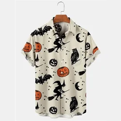 男性のハロウィーンのプリントハワイアンTシャツ、頭蓋骨、カボチャ、ゴーストプリント、半袖、快適な服、ファッションデザイン、オープンラペル