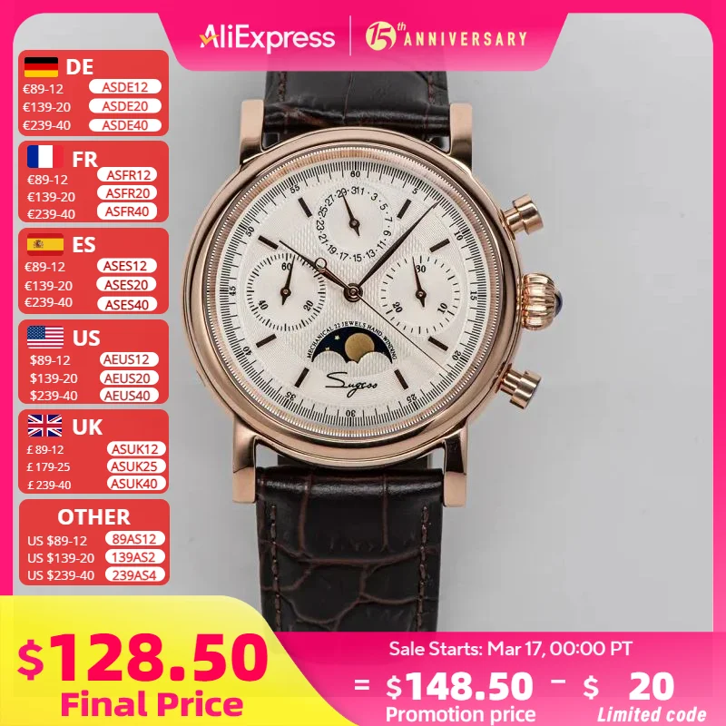 Sugess Pilot Chronograph Mechanical Watches Men Waterproof Original ST1908 Movement Moon Phase Calendar Wristwatch Swanneck 2022