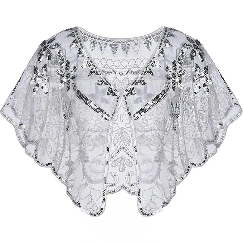 

Ретро-пончо с пайетками в винтажном стиле, вышитая шаль с пайетками и бахромой в стиле 1920-х годов, ажурная шаль-флэппер для декора одежды