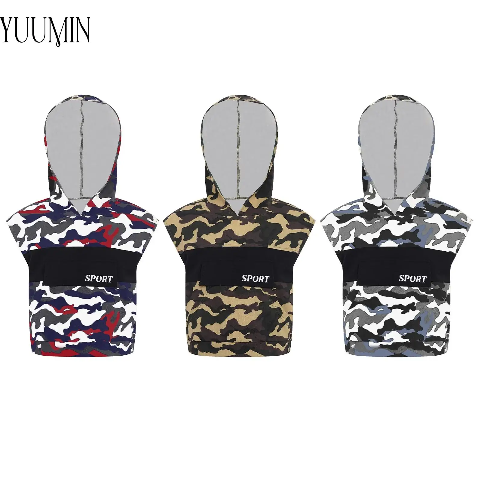 

Camouflage Printed Kids Boys Sports Hoodie Sleeveless Contrast Color Hooded Top Hiking Camping Mountaineering Workout Clothing