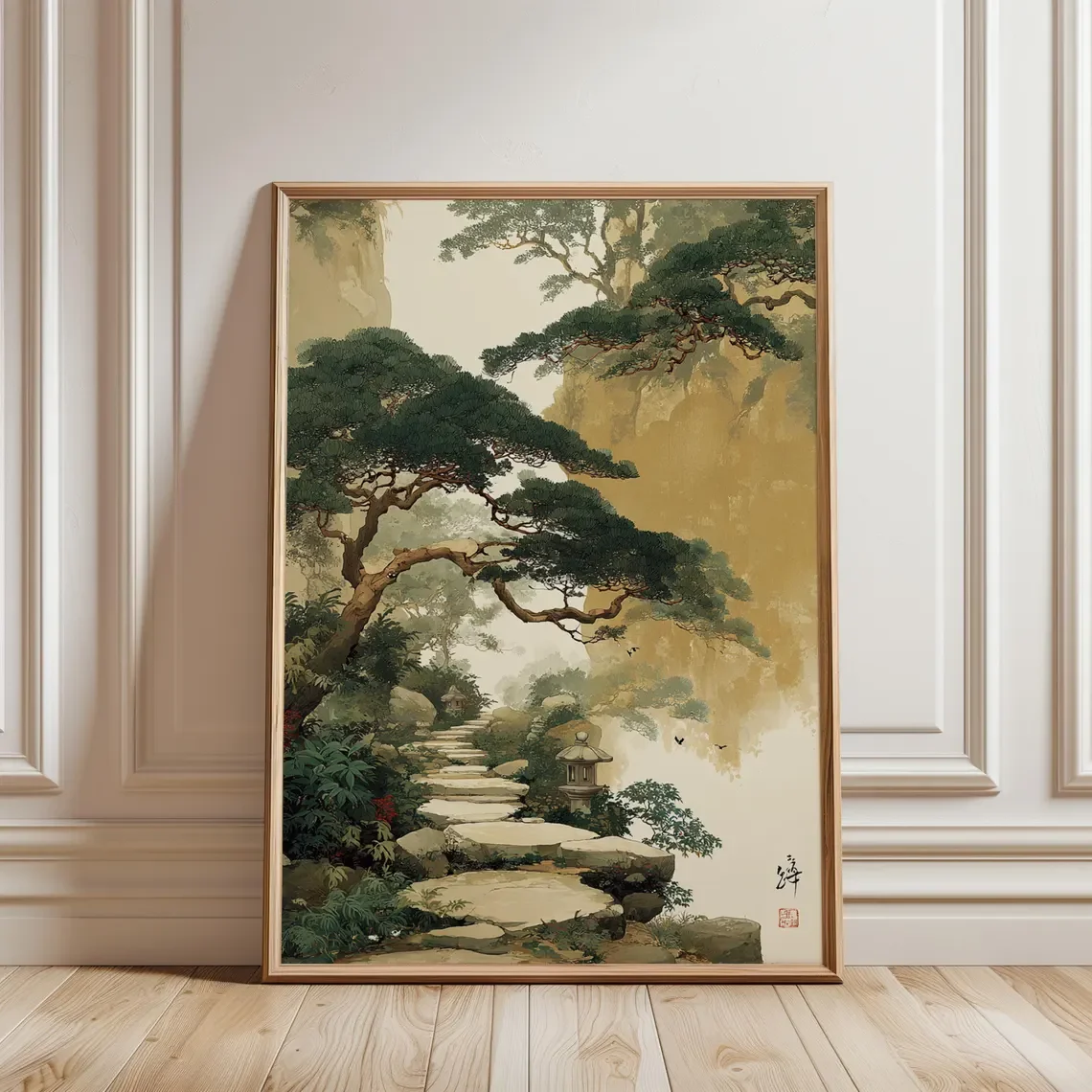 Japanese Garden Path Poster Green Beige Wall Art Forest Landscape Illustration Print Serene Asian Nature Home Decor, Japanese Vi