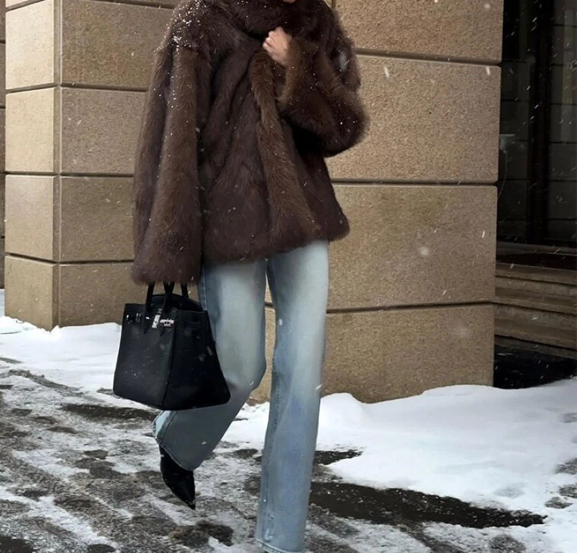 2024 Fashion Short Faux Fur Women's Jacket Coat Long Sleeve Thickened Warm Faux Fox Fur Coat Women's Mid-Length