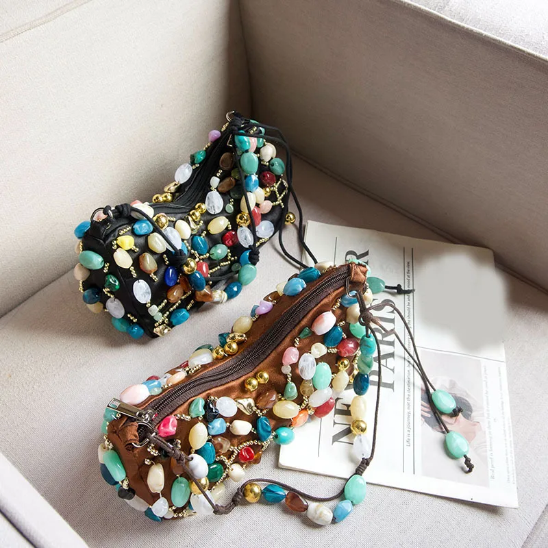 Bohemian Beading Shoulder Bag For Women French Casual Fashion Vacation Style Colorful Stone Decoration Luxury Design Handbags