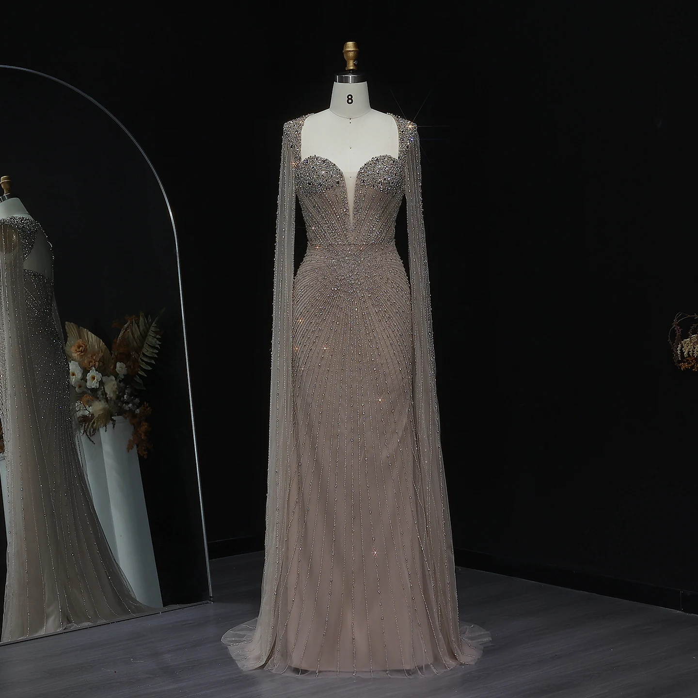 Sharon Said Luxury Beaded Nude Dubai Evening Dress with Cape Sleeves Elegant Pink Arabic Wedding Party Gowns SS194 Customized image 2