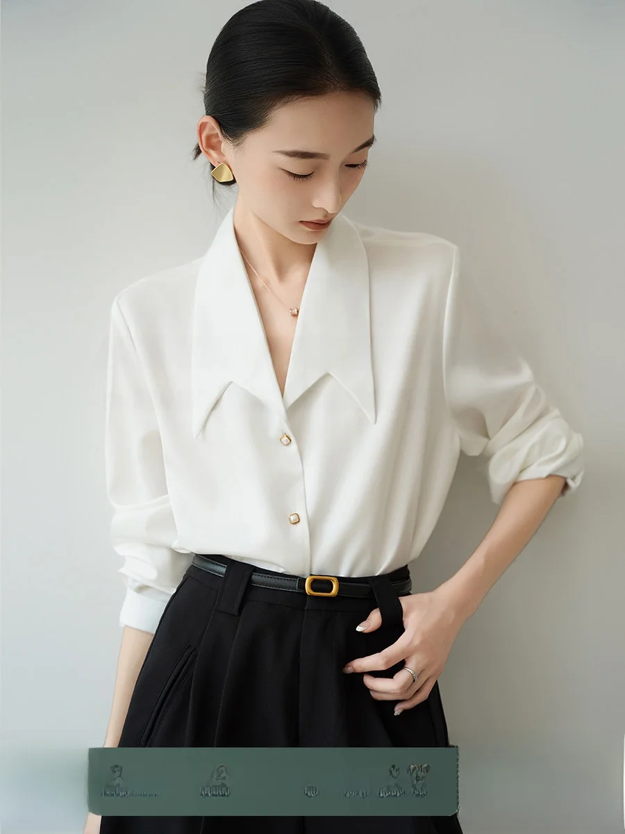 

Achu Ele White Satin irt Women's Pointed Collar Loose Workwear Commute Friendly Profional Top for Fem Office Workers