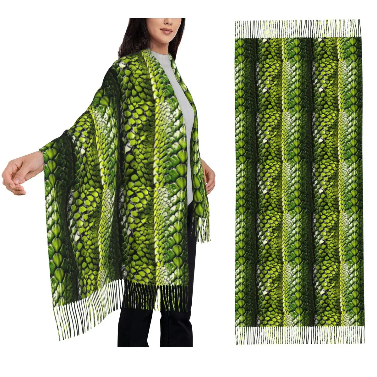 

Змеиная кожа, зеленая змея, животный принт, Viper, модные шарфы с кисточками, женские шали и накидки, длинная осенне-зимняя шаль, накидка