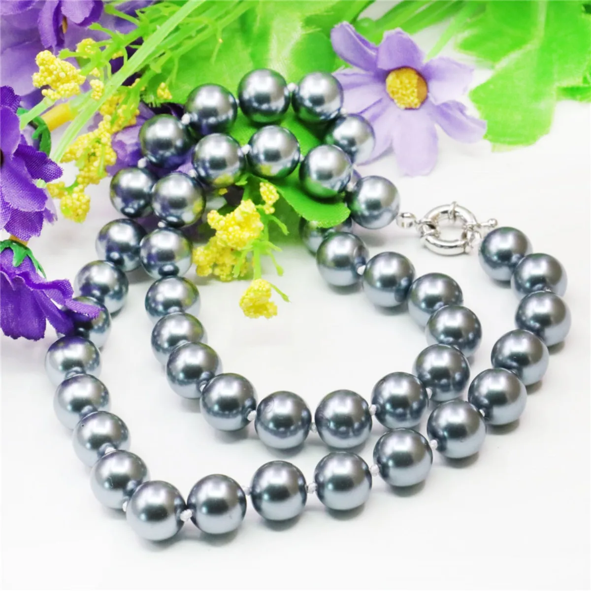 8 10 12mm Round Gray Shell Pearl Necklace Women Neck Wear Jewelry Making Design Gifts Accessories with Steering Wheel Clasp