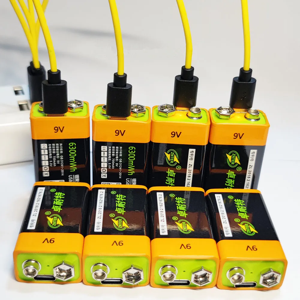 

8pcs/lot 100% ZNTER 6300mWh 9V rechargeable lithium battery 6F22 fast charging battery with type-C cable