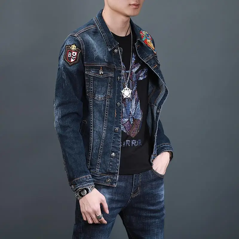 Cowboy jacket, men's trendy brand, high-end embroidery, hot stamping, spring and autumn style slim fit jacket, trendy