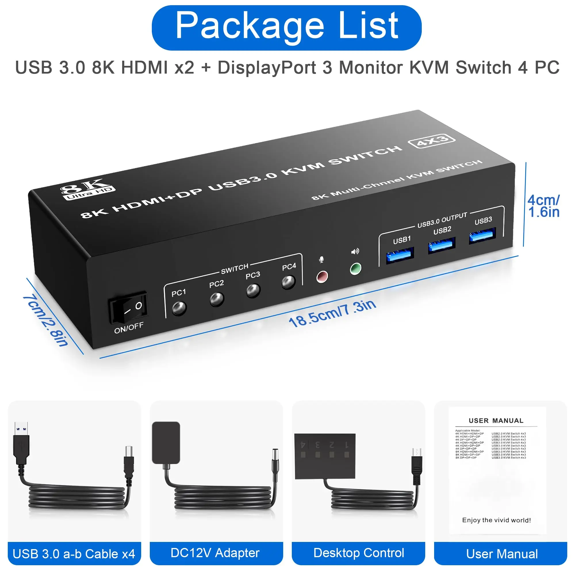 8K HDMI DP KVM USB 3.0 Switch 4x3 Monitor Triple 4K 120HZ Display Estendido Displayport Switcher with 3 USB 3.0 Ports