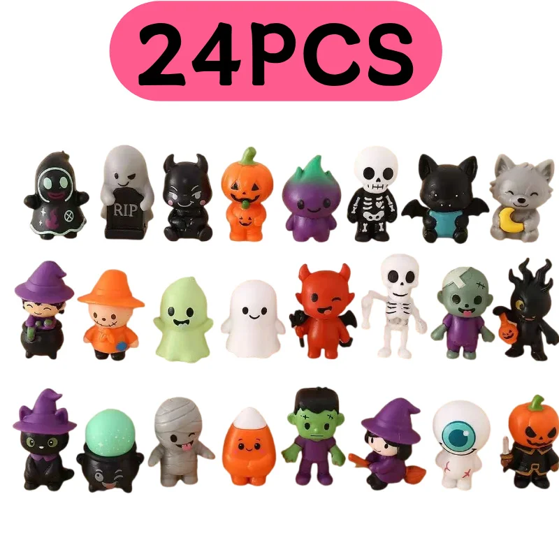 24Pcs Cute Mini Halloween Pumpkin  Resin Statues Witch Devil Figure Model Statue Collection Desktop Decoration Halloween Gifts