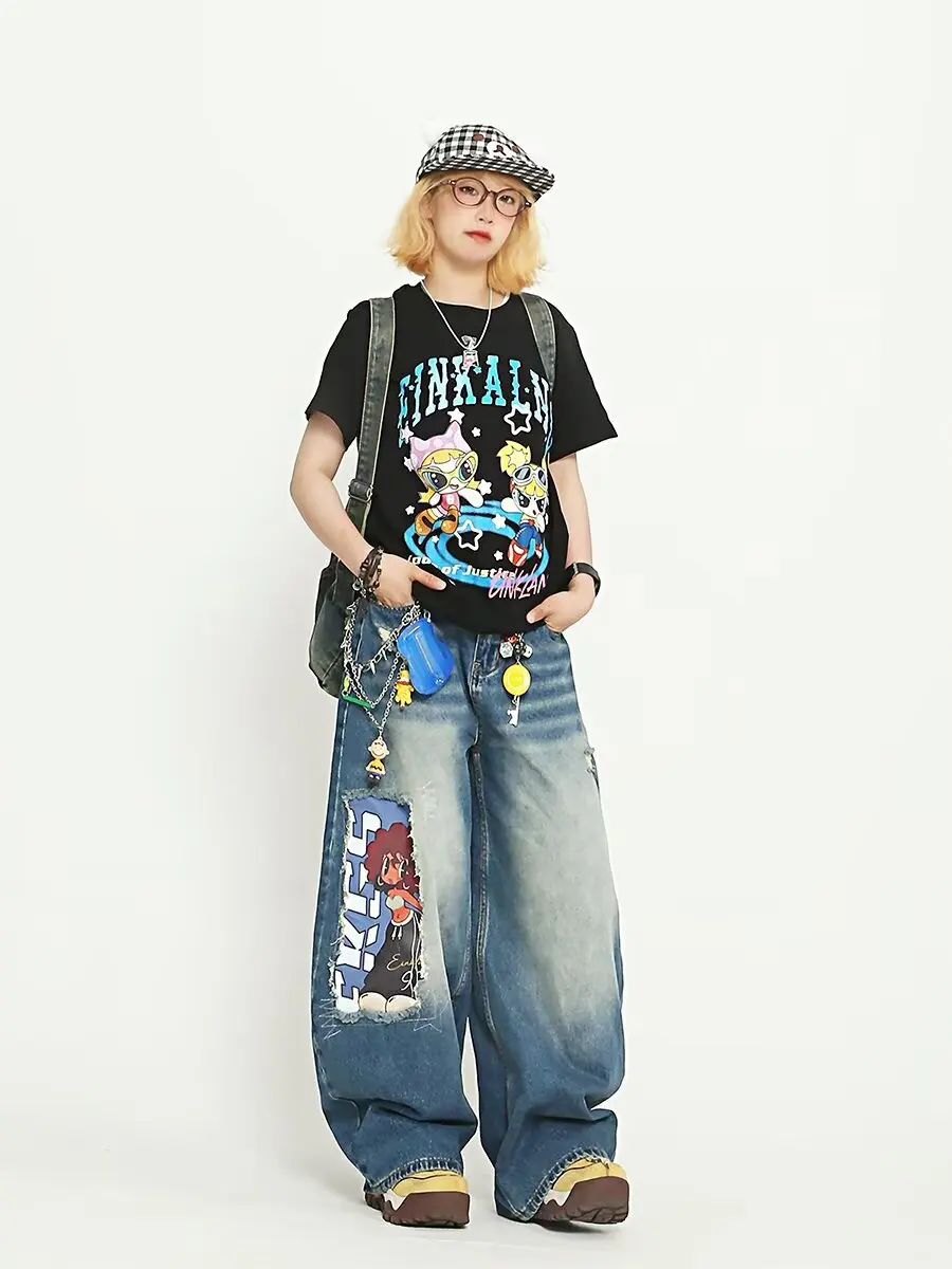 Korean Style Kawaii Cartoon Patch Washed Baggy Women's High-Waisted Jeans Y2K Harajuku Hip Hop Goth Casual Baggy Trousers 2025