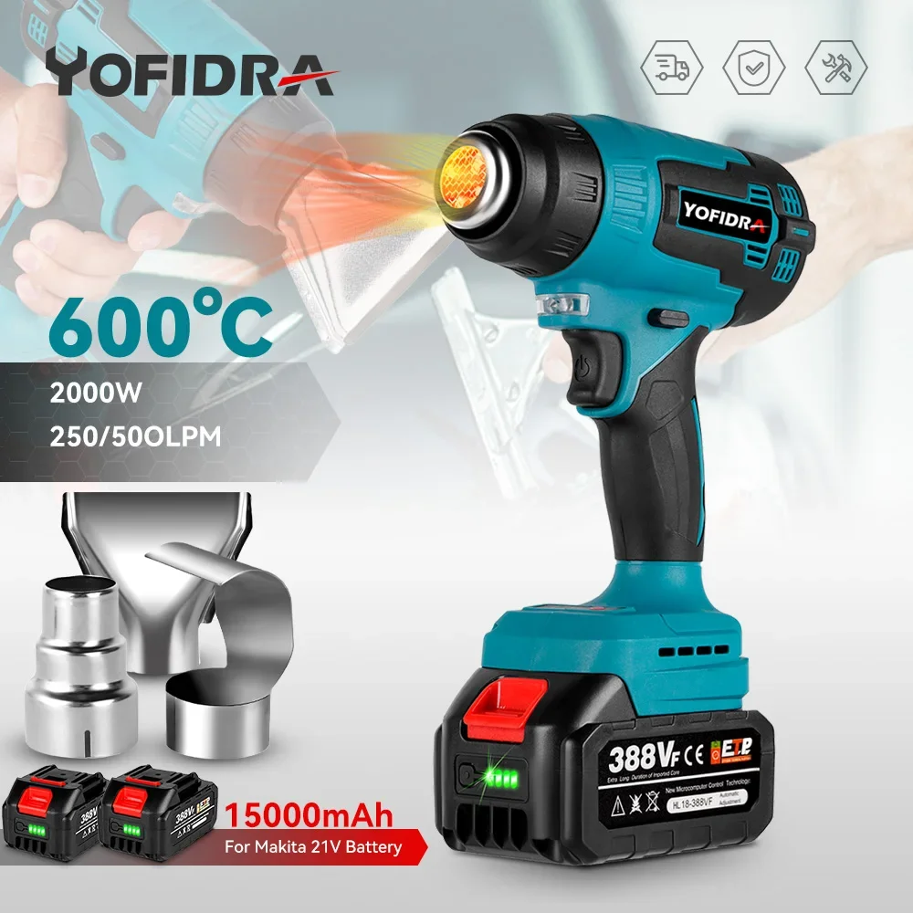 Pistola de Calor Elétrica sem Fio Portátil Recarregável Secador de ar Doméstico com Bicos Industrial Makita 18v Bateria 18v 2000w