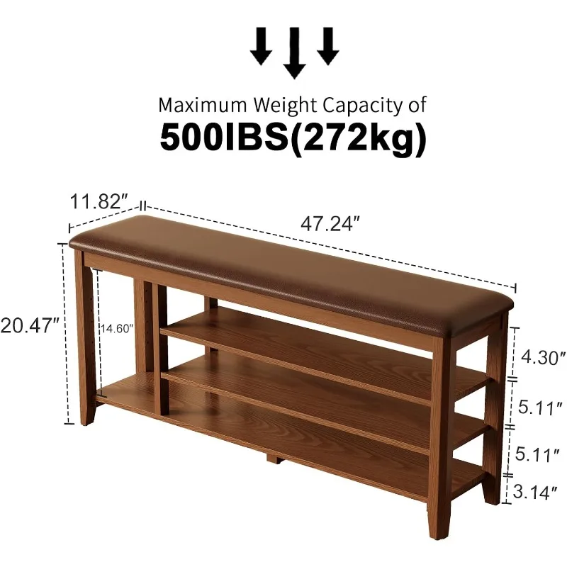 home.Shoe Bench Rack with Leather Cushion,Entryway Bench,Entryway Storage Bench for Hallway, Living Room,Bedroom(Walnut)