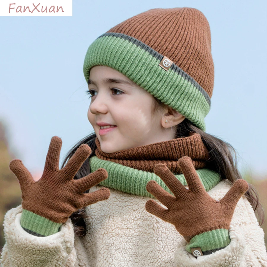 

3Pcs Children Winter Hat Scarf Gloves Set Striped Knitted Beanies Thick Fleece-lined Outdoor Boys Girls Winter Accessories 2-8Y