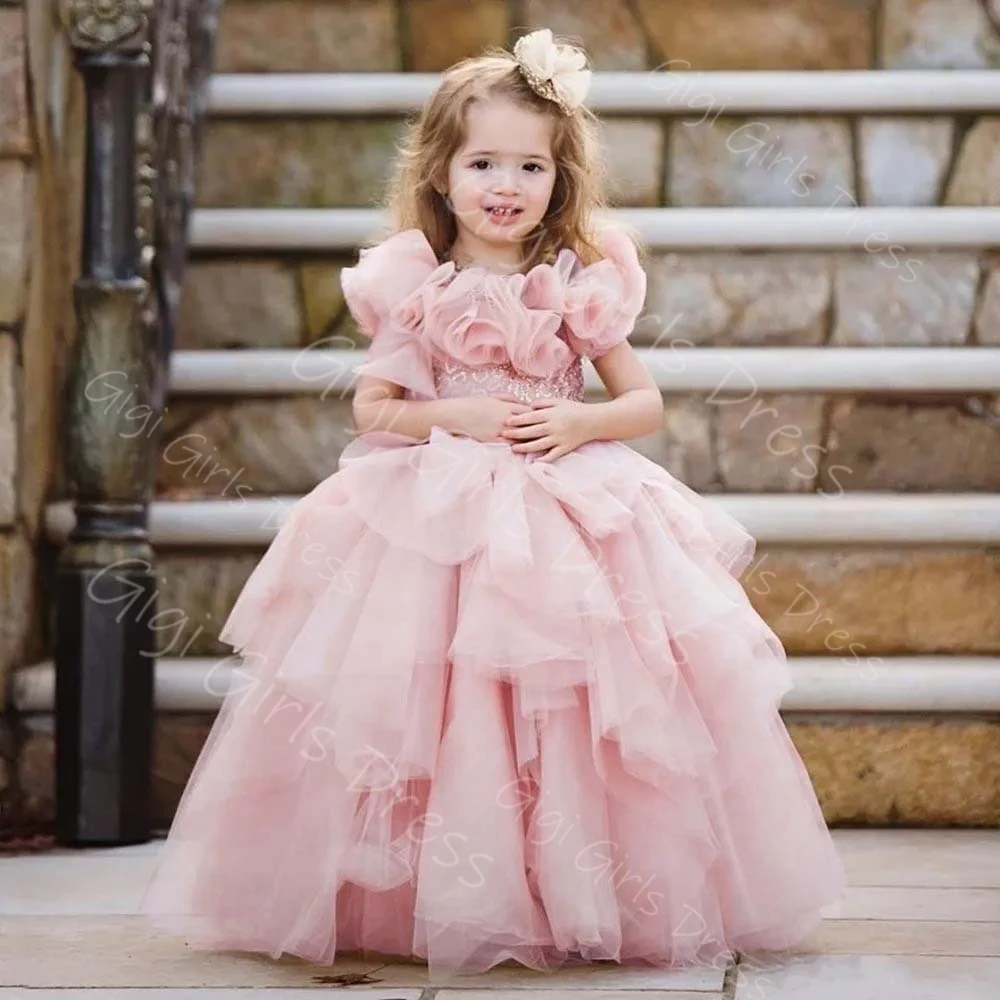 Vestido de princesa champán para niñas con flores hechas a mano en 3D, vestido de baile esponjoso, vestido de niña de flores de tul escalonado, vestido de fiesta personalizado