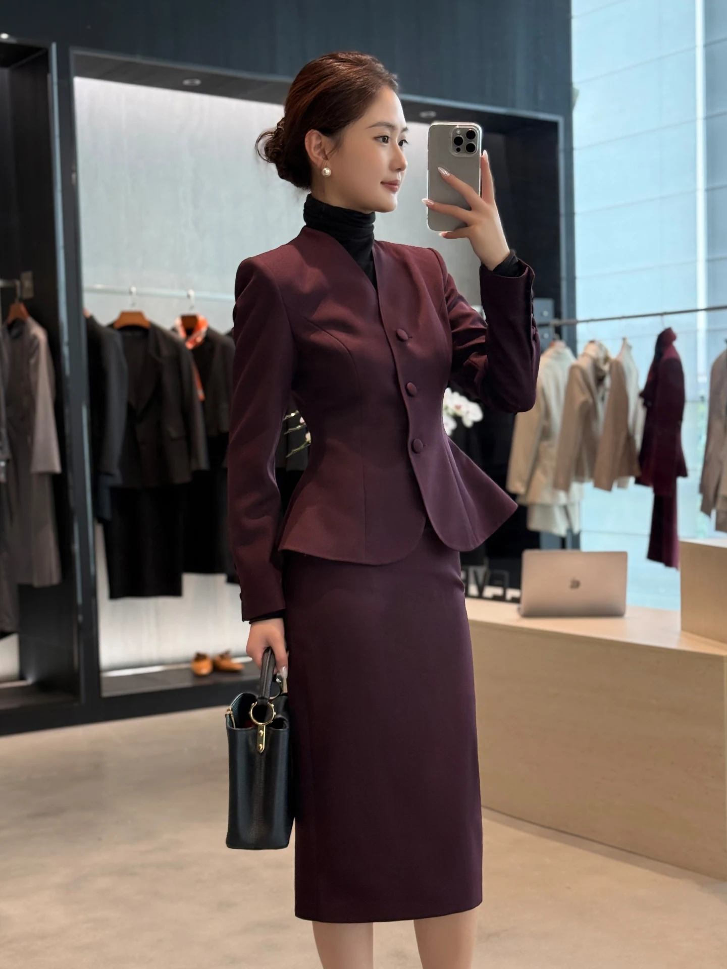 

Ele Commute Women's Autumn Outfit Two-Piece Set Sli Suit Jaet And Midi Skirt Long Sve Stand Collar Single Button
