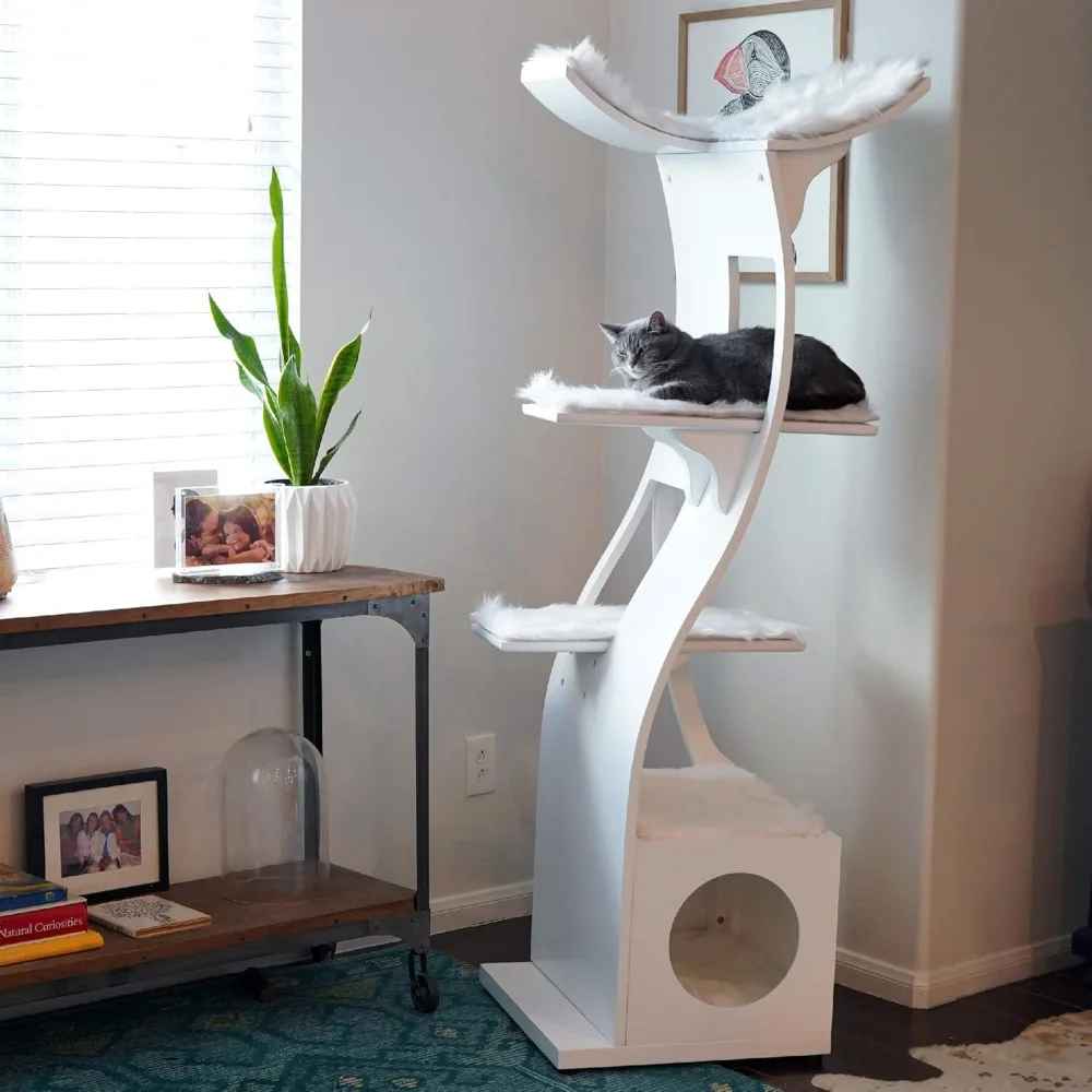 Lotus Cat Tower, Multi-Level Modern Cat Tree for Indoor Cats with Scratching Post, Climbing Cat Condo with Cushioned Cubby