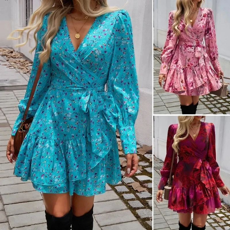 

Long Sleeve Summer Dress Women'sElegant Temperament, V-neck Printed A-line Dress, Summer New Style
