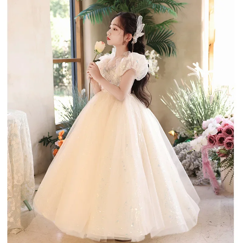 Girls Holiday Dresses Beading Sequined Wedding Costume for Children Bridesmaids Tulle Princess Dress Birthday Prom Vestidos