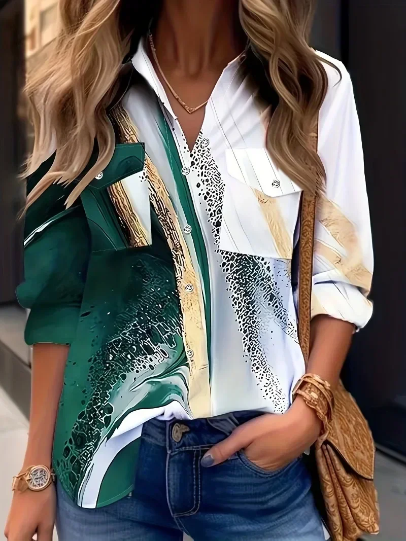 

Плюс размер 1XL-5XL, осенняя женская рубашка, топ, повседневная непринужденная удобная рубашка с длинным рукавом и принтом, темпераментная модная рубашка для поездок на работу