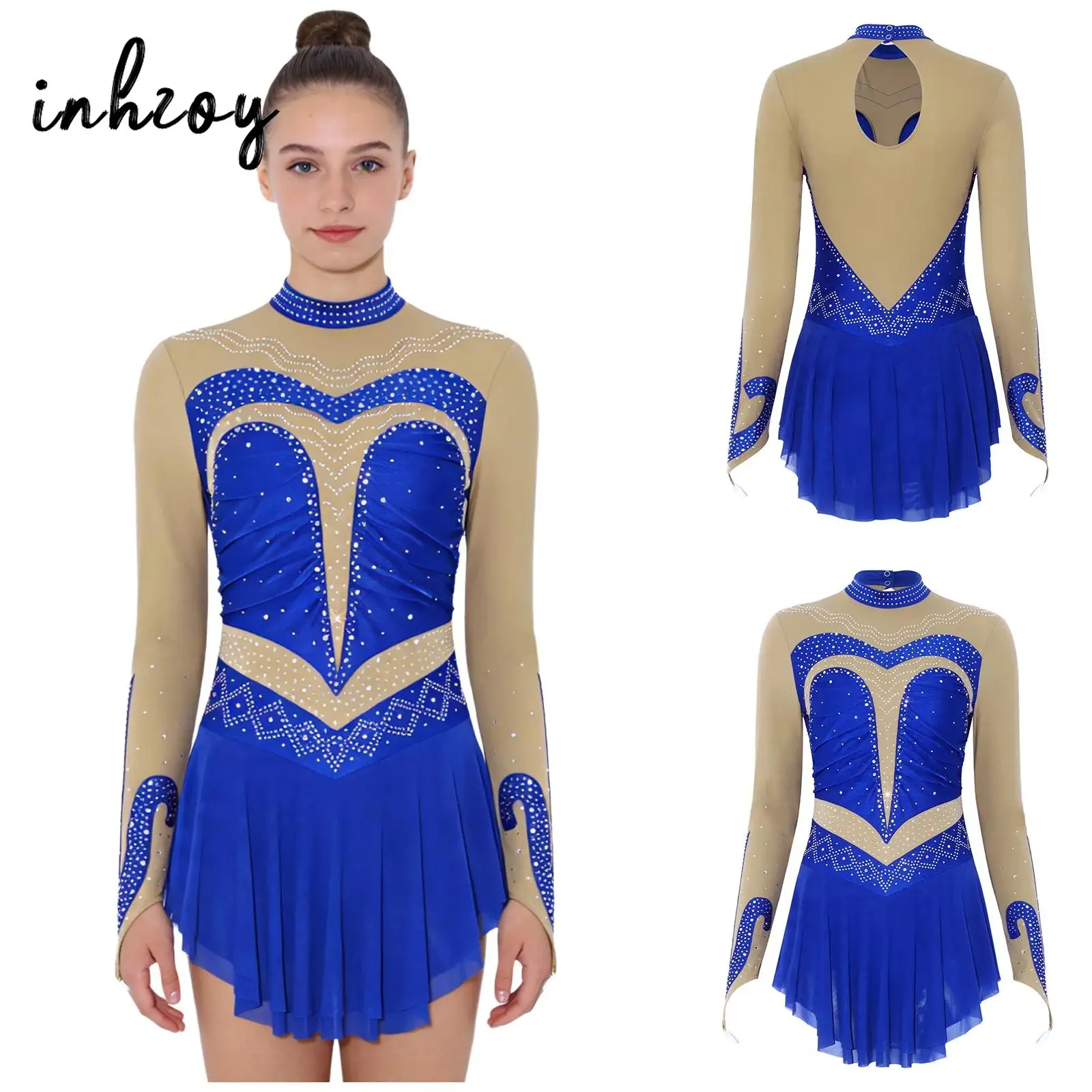 

Womens Figure Skating Bodysuit Dress Rhinestones Long Sleeve Back Cutout Leotard Dress with Mesh Hem Jumpsuit Gymnastics