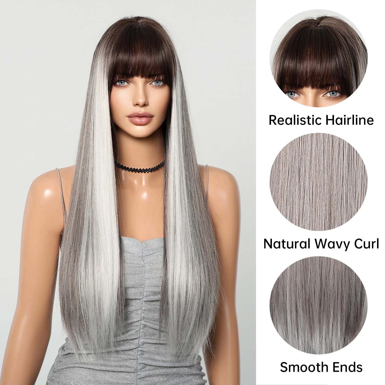 Long Straight Silver Ash Synthetic Wigs Lolita Cosplay Natural Hair with Brown Bangs for White Women Party Daily Heat Resistant