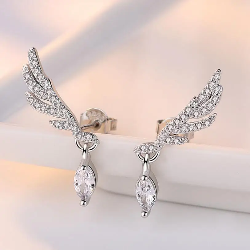 

925 Sterling Silver Zircon Arc Angle Wings Stud Earrings Pendientes For Women Party Trendy Fine Jewelry Minimalist Accessories