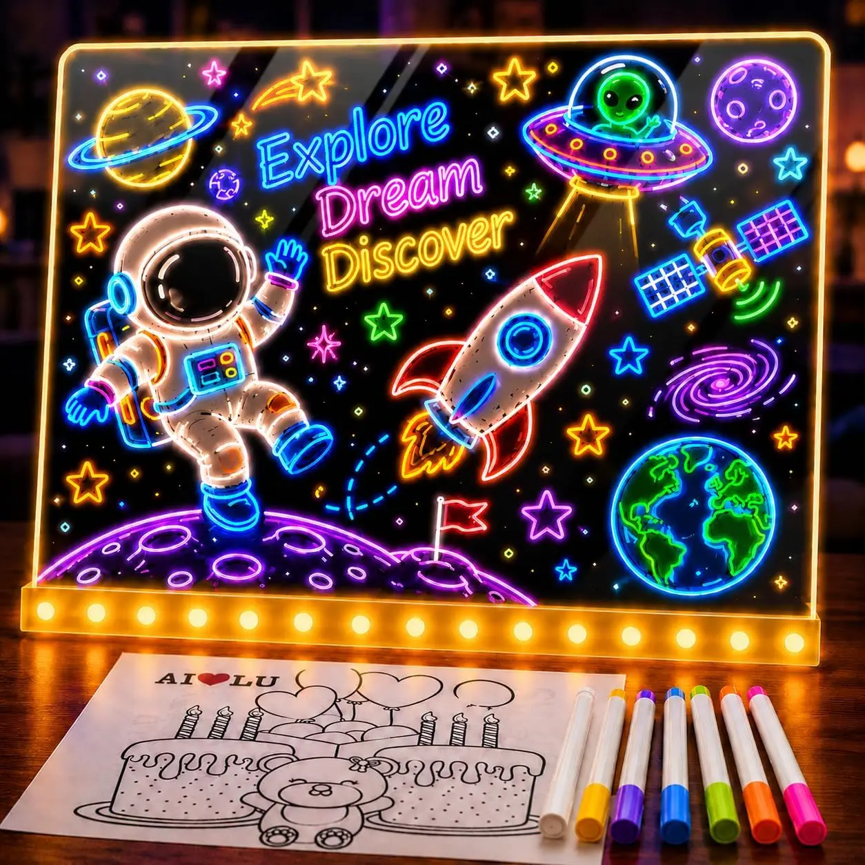 LED Drawing Board for Kids, ﻿LED Light up Acrylic Message Board, Erasable Acrylic Message Panel with 7Pen, Reusable Doodle Board