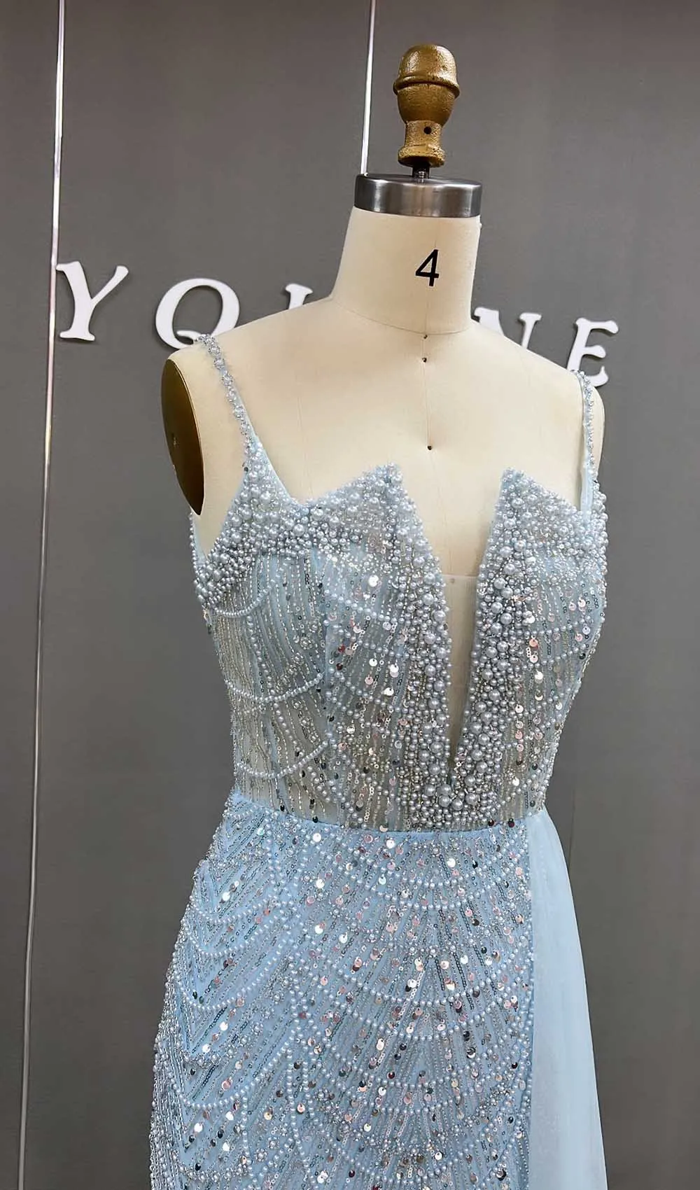 YQLNNE Luxury Sky Blue Mermaid Pearls Beaded Evening Dresses Long Slit Formal Prom Wedding Party Gown With Detachable Train