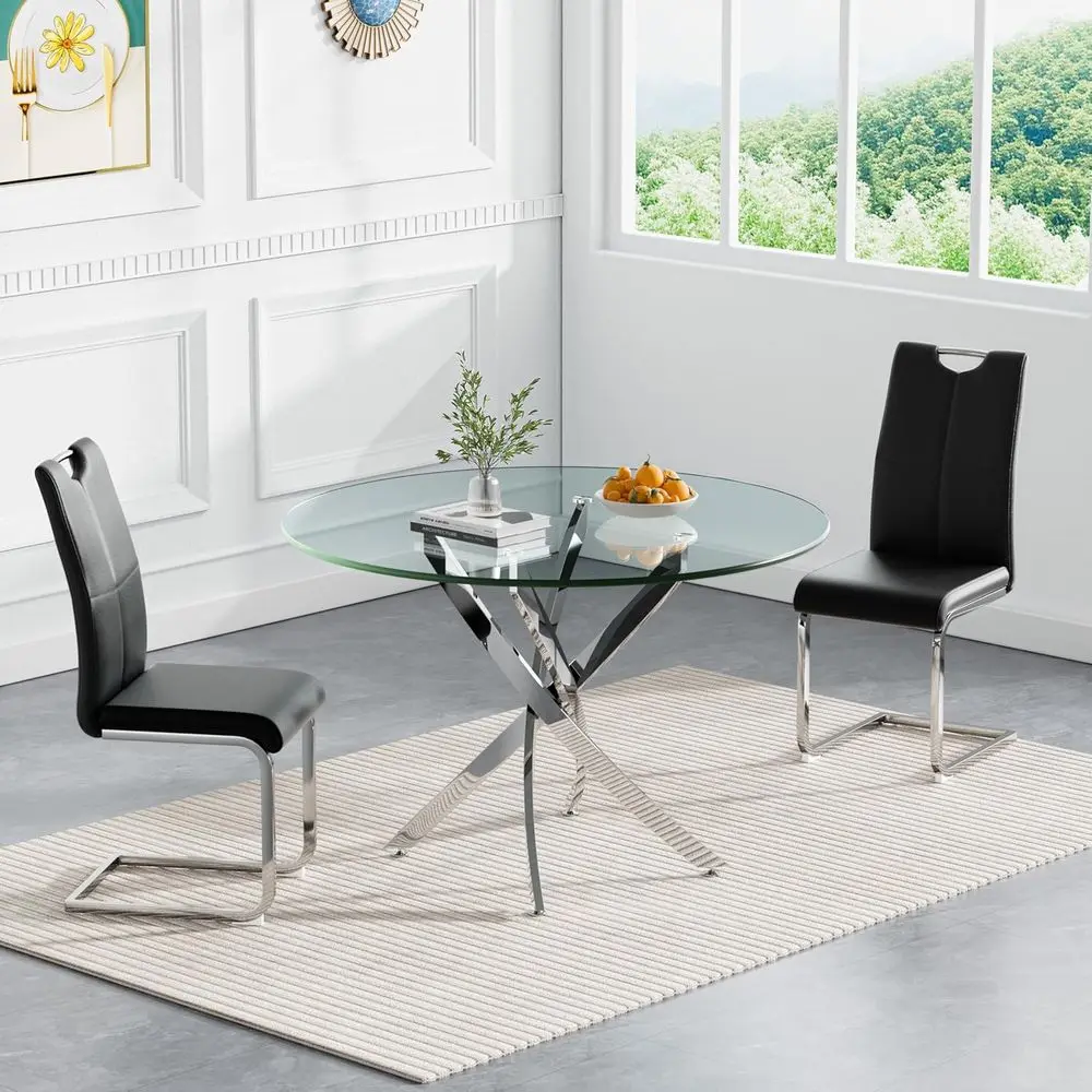 

2-3 Piece Dining Set with 36 Silver Glass Table and 2 Leather Chairs for Small Spaces