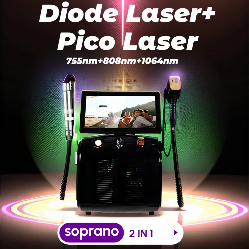 2 em 1 soprano titânio gelo platina diodo 755 808 1064nm 3 comprimento de onda laser nd: yag máquina indolor máquina de remoção de pêlos 2024