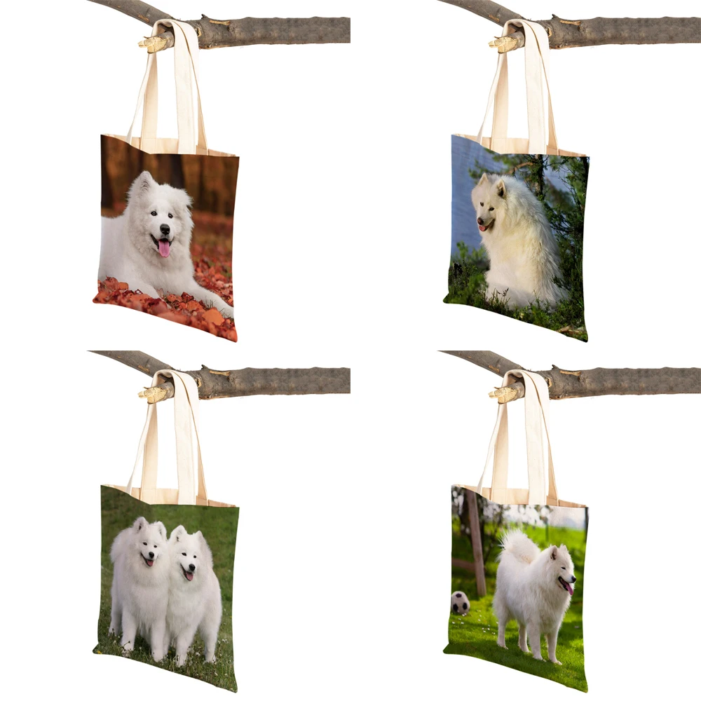 Cute White Dog Samoyed Double Printed Reusable Canvas Lady Student Tote Handbag Lovely Pet Animal Casual Shopping Bag