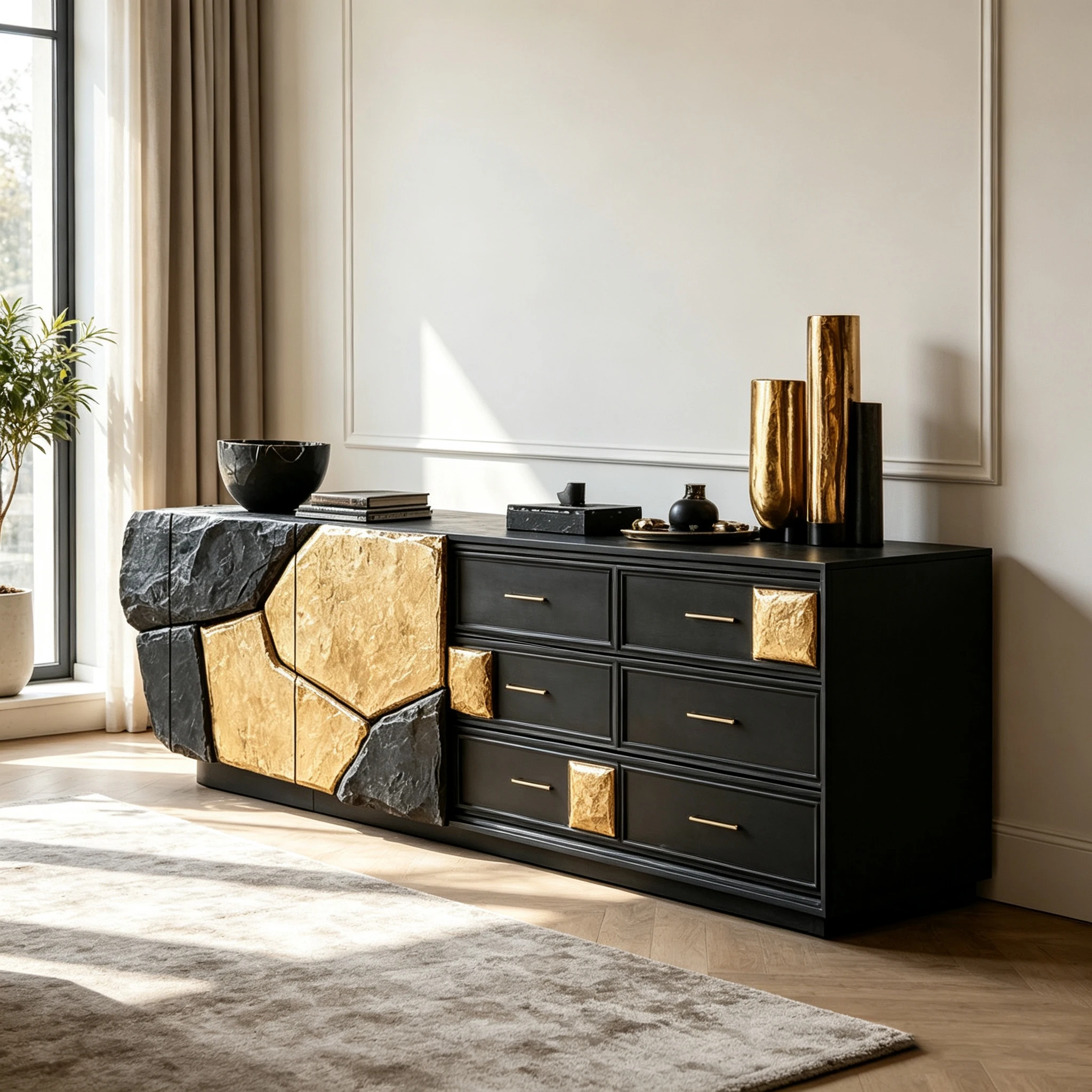 M*-Rock Gold Patchwork Fiberglass Storage Cabinet Combined Door Drawer Matte Black Frame for Retro Luxury