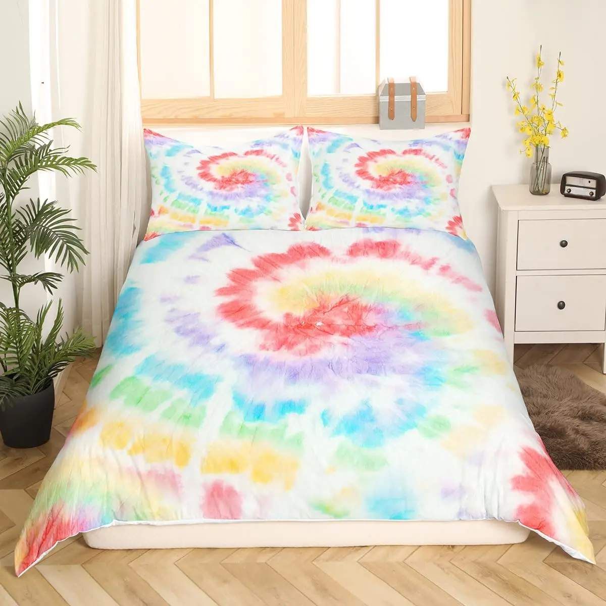 Rainbow Tie Dye Duvet Cover King Queen Colorful Spiral Comforter Cover Watercolor Bedding Set for Kids Boys Girls Microfiber